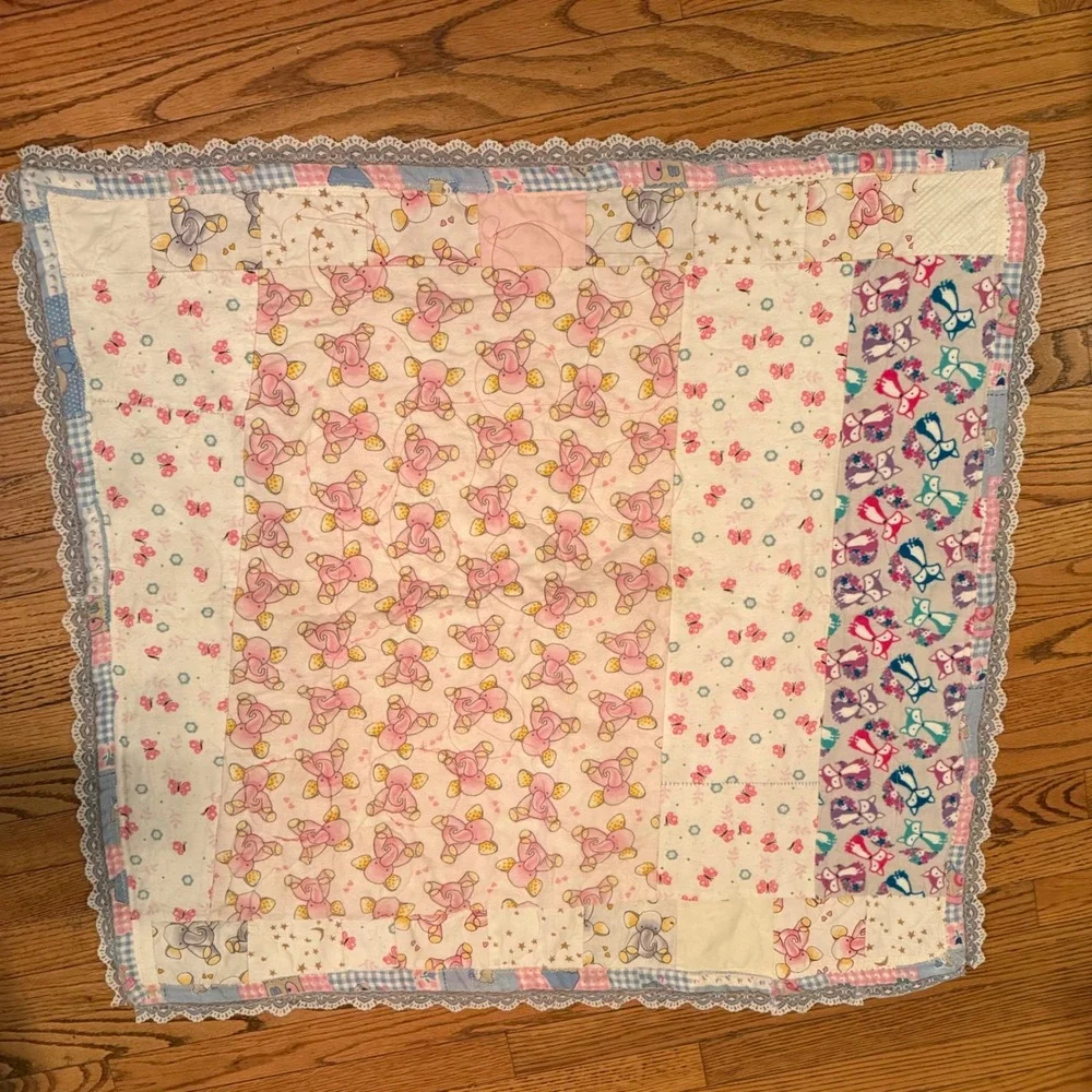 1.a.0.0.7.d Handmade Baby Quilt Pink Elephant Fox Butterfly Patchwork Lace Trim